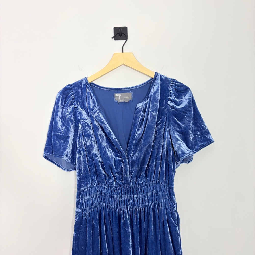 Anthropologie Somerset Blue Velvet Smocked Tiered Mini Dress V-Neck Small - Picture 3 of 9